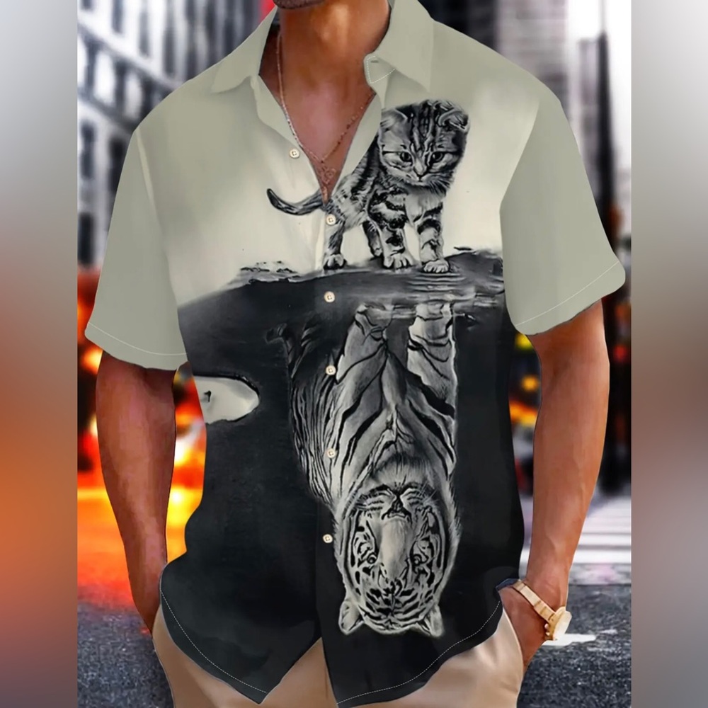Tiger Cat Reflection Button-Up Short Sleeve Shirt (XXL)